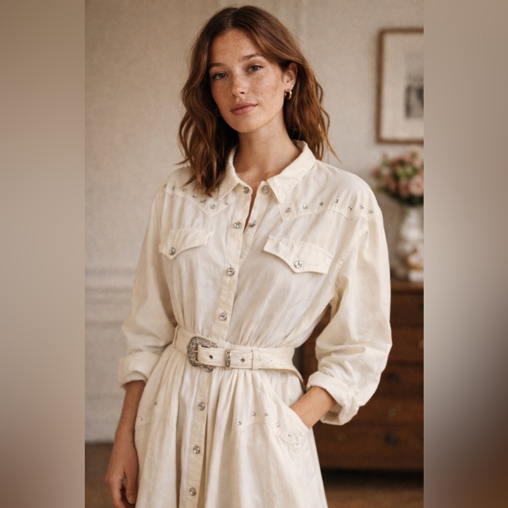 RARE Vintage Western Rhinestone Snap Shirt Style Button Long Dress Belted Ivory